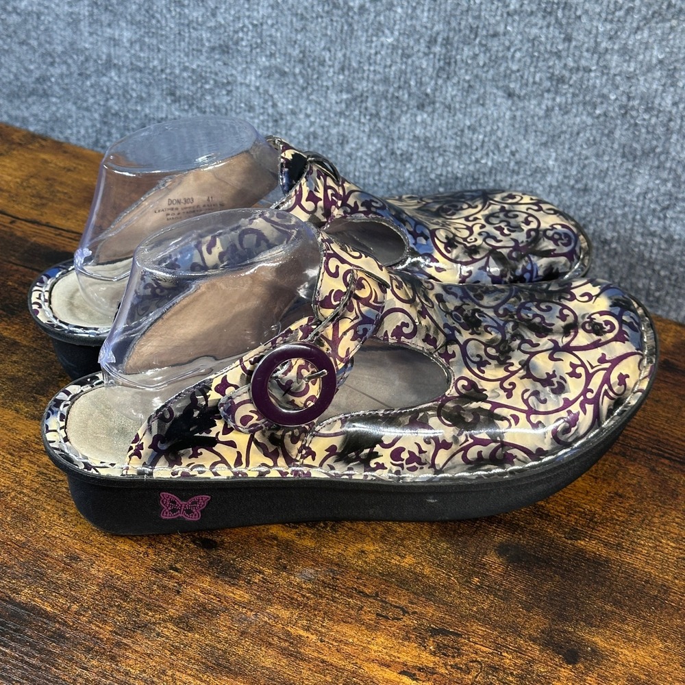 Alegria Clogs Sz 41 Purple Scroll Patent Leather Whimsical Boho Workwear Artsy - Picture 2 of 9